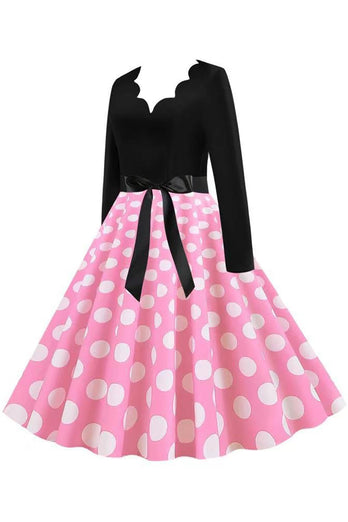 Polka Dots Rosa Langärmeliges Kleid aus den 1950er Jahren