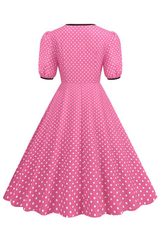 Rosa Kurzärmeliges Polka Dots Kleid aus den 1950er Jahren
