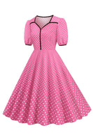 Laden Sie das Bild in den Galerie-Viewer, Rosa Kurzärmeliges Polka Dots Kleid aus den 1950er Jahren