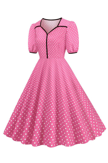 Rosa Kurzärmeliges Polka Dots Kleid aus den 1950er Jahren