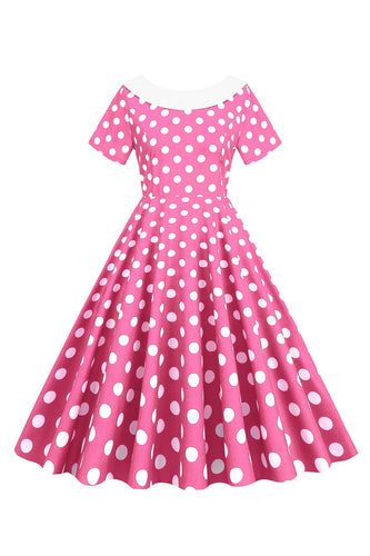 Rosa Polka Dots U-Boot-Ausschnitt 1950er Jahre Kleid mit Schleife