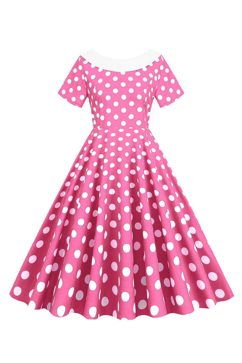 Laden Sie das Bild in den Galerie-Viewer, Rosa Polka Dots U-Boot-Ausschnitt 1950er Jahre Kleid mit Schleife