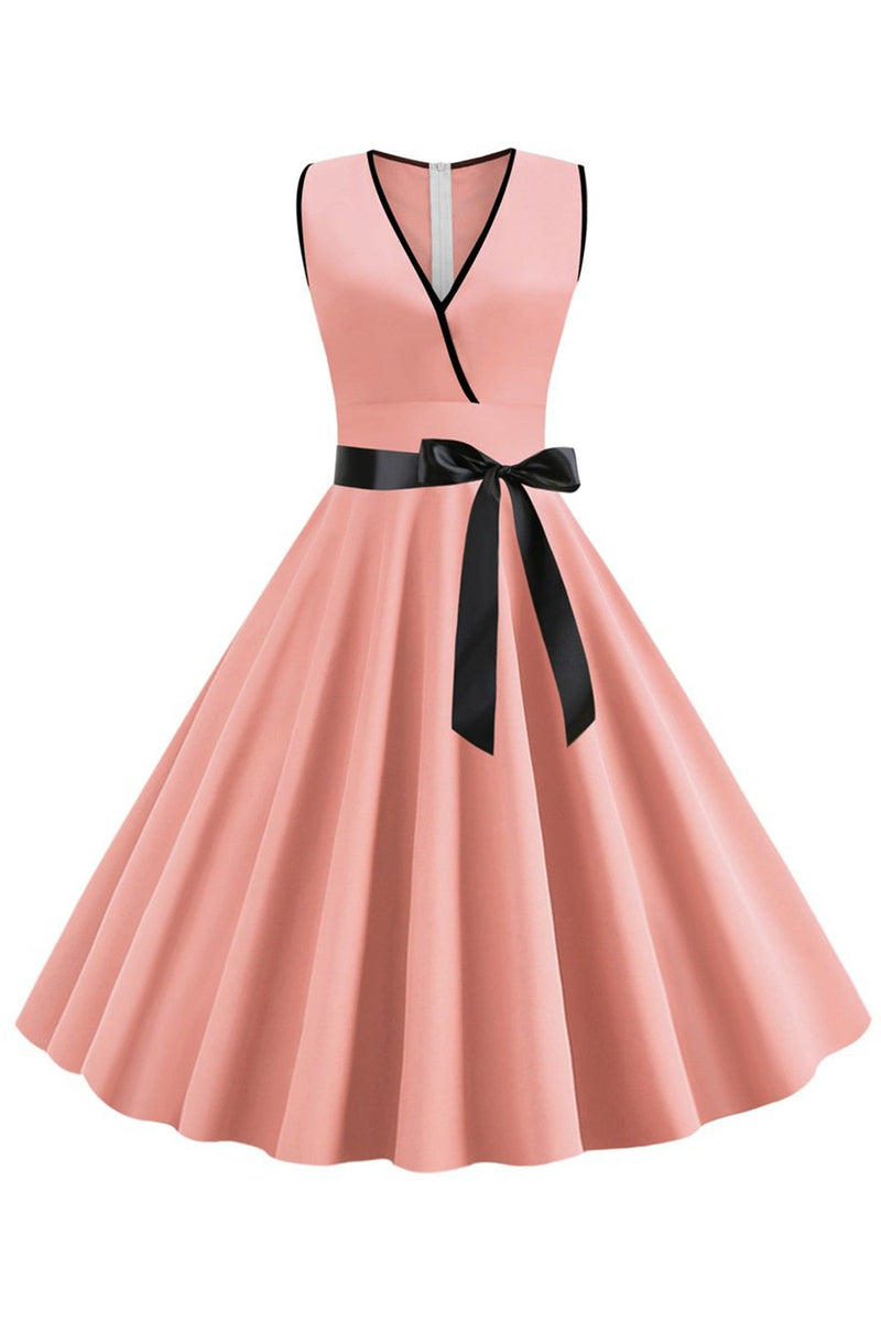 Laden Sie das Bild in den Galerie-Viewer, Blush ärmelloses Kleid aus den 1950er Jahren mit V-Ausschnitt und Schleife