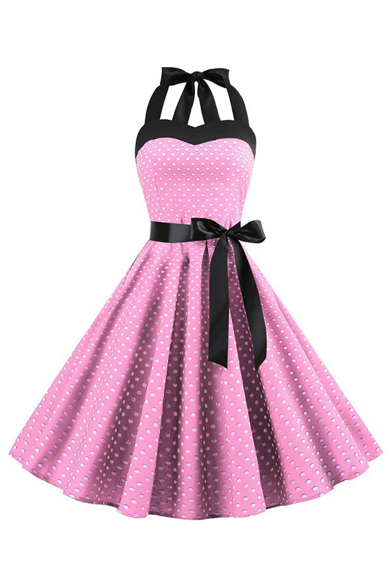 Laden Sie das Bild in den Galerie-Viewer, Rosa Polka Dots Neckholder Kleid aus den 1950er Jahren mit Schleife