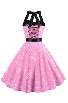 Rosa Polka Dots Neckholder Kleid aus den 1950er Jahren mit Schleife
