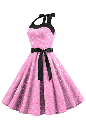 Rosa Polka Dots Neckholder Kleid aus den 1950er Jahren mit Schleife