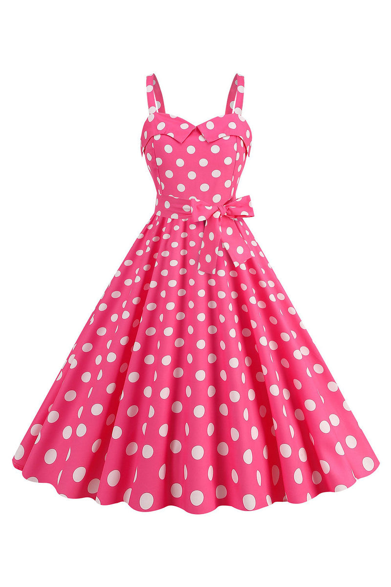 Laden Sie das Bild in den Galerie-Viewer, Rosa Spaghettiträger Polka Dots 1950er Jahre Kleid mit Schleife