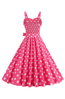 Laden Sie das Bild in den Galerie-Viewer, Rosa Spaghettiträger Polka Dots 1950er Jahre Kleid mit Schleife