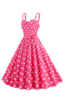 Laden Sie das Bild in den Galerie-Viewer, Rosa Spaghettiträger Polka Dots 1950er Jahre Kleid mit Schleife