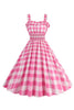 Laden Sie das Bild in den Galerie-Viewer, Rosa kariertes A Linie gesmoktes Kleid aus den 1950er Jahren