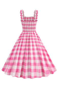 Rosa kariertes A Linie gesmoktes Kleid aus den 1950er Jahren