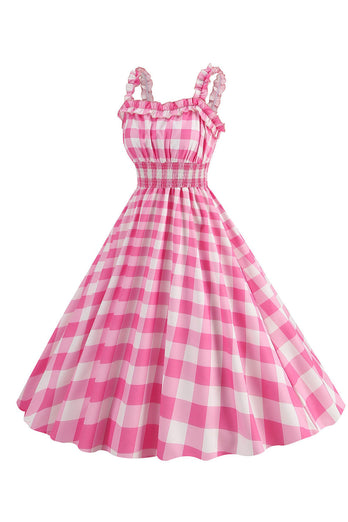 Rosa kariertes A Linie gesmoktes Kleid aus den 1950er Jahren