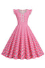 Laden Sie das Bild in den Galerie-Viewer, A Linie Rosa Polka Dots Flatterärmel Vintage Kleid