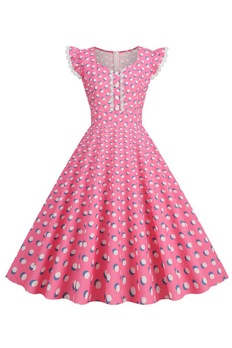 A Linie Rosa Polka Dots Flatterärmel Vintage Kleid