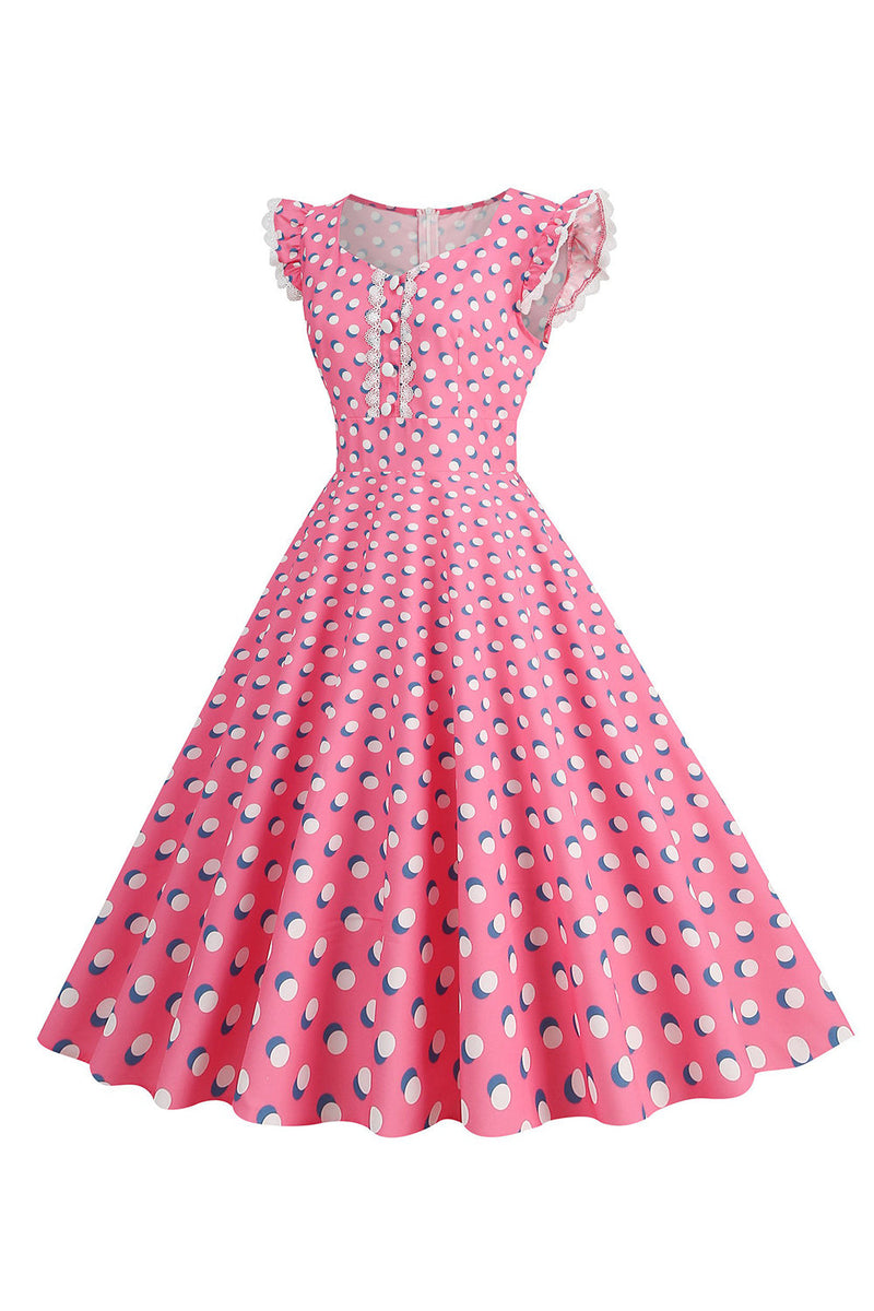 Laden Sie das Bild in den Galerie-Viewer, A Linie Rosa Polka Dots Flatterärmel Vintage Kleid