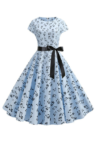 Hellblaues bedrucktes Kleid mit Flügelärmeln aus den 1950er Jahren