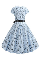 Laden Sie das Bild in den Galerie-Viewer, Hellblaues bedrucktes Kleid mit Flügelärmeln aus den 1950er Jahren