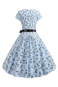 Hellblaues bedrucktes Kleid mit Flügelärmeln aus den 1950er Jahren