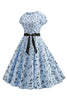 Laden Sie das Bild in den Galerie-Viewer, Hellblaues bedrucktes Kleid mit Flügelärmeln aus den 1950er Jahren
