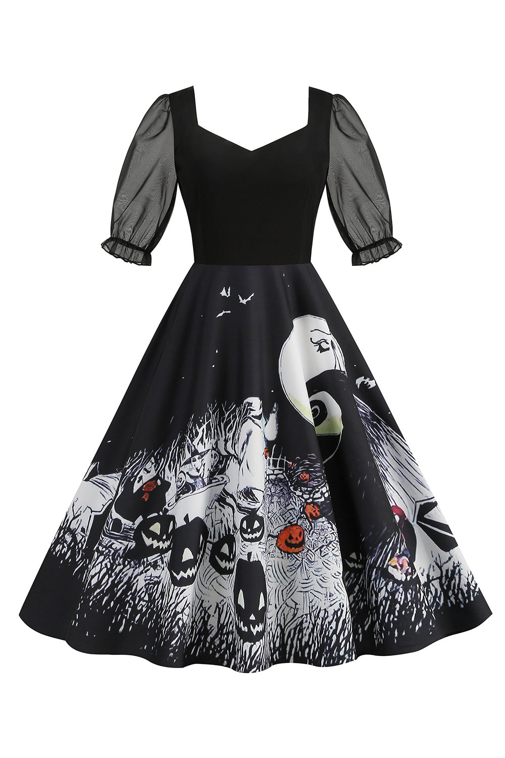 A-Linie Schwarzes Vintage Kleid mit Halloween Druck