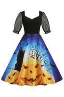 Laden Sie das Bild in den Galerie-Viewer, A-Linie Schwarzes Vintage Kleid mit Halloween Druck