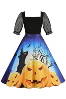 Laden Sie das Bild in den Galerie-Viewer, A-Linie Schwarzes Vintage Kleid mit Halloween Druck