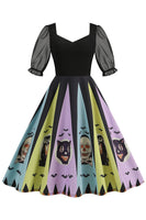 Laden Sie das Bild in den Galerie-Viewer, A-Linie Schwarzes Vintage Kleid mit Halloween Druck