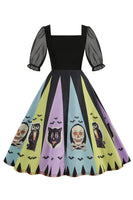 Laden Sie das Bild in den Galerie-Viewer, A-Linie Schwarzes Vintage Kleid mit Halloween Druck