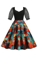 Laden Sie das Bild in den Galerie-Viewer, A-Linie Schwarzes Vintage Kleid mit Halloween Druck