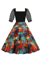 Laden Sie das Bild in den Galerie-Viewer, A-Linie Schwarzes Vintage Kleid mit Halloween Druck