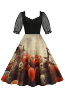 Laden Sie das Bild in den Galerie-Viewer, A-Linie Schwarzes Vintage Kleid mit Halloween Druck