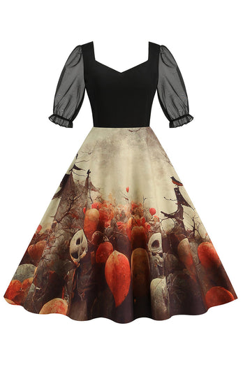A-Linie Schwarzes Vintage Kleid mit Halloween Druck