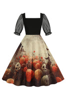 Laden Sie das Bild in den Galerie-Viewer, A-Linie Schwarzes Vintage Kleid mit Halloween Druck