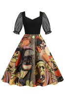Laden Sie das Bild in den Galerie-Viewer, A-Linie Schwarzes Vintage Kleid mit Halloween Druck