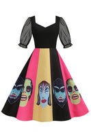 Laden Sie das Bild in den Galerie-Viewer, A-Linie Schwarzes Vintage Kleid mit Halloween Druck