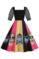 Laden Sie das Bild in den Galerie-Viewer, A-Linie Schwarzes Vintage Kleid mit Halloween Druck
