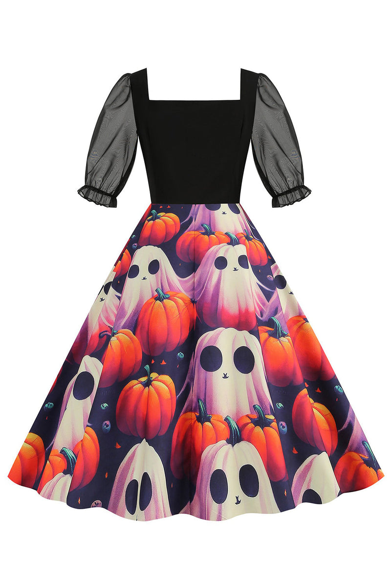 Laden Sie das Bild in den Galerie-Viewer, A-Linie Schwarzes Vintage Kleid mit Halloween Druck