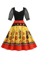Laden Sie das Bild in den Galerie-Viewer, A-Linie Schwarzes Vintage Kleid mit Halloween Druck