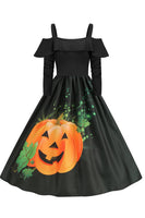 Laden Sie das Bild in den Galerie-Viewer, Halloween Kürbis bedrucktes schwarzes Kalte Schulter VIntage Kleid