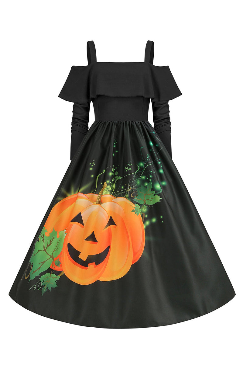 Laden Sie das Bild in den Galerie-Viewer, Halloween Kürbis bedrucktes schwarzes Kalte Schulter VIntage Kleid
