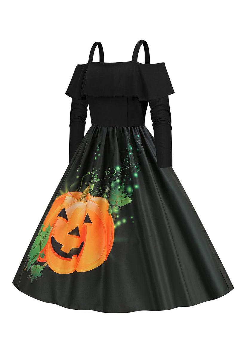 Laden Sie das Bild in den Galerie-Viewer, Halloween Kürbis bedrucktes schwarzes Kalte Schulter VIntage Kleid