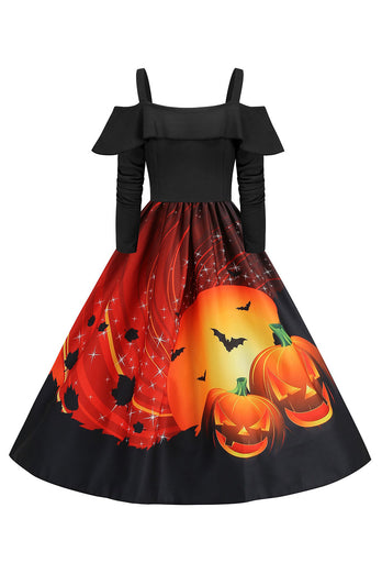 Halloween Kürbis bedrucktes schwarzes Kalte Schulter VIntage Kleid