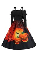 Laden Sie das Bild in den Galerie-Viewer, Halloween Kürbis bedrucktes schwarzes Kalte Schulter VIntage Kleid