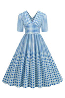 Laden Sie das Bild in den Galerie-Viewer, Schwarzes V-Ausschnitt kariertes Kleid mit kurzen Ärmeln aus den 1950er Jahren