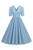 Laden Sie das Bild in den Galerie-Viewer, Schwarzes V-Ausschnitt kariertes Kleid mit kurzen Ärmeln aus den 1950er Jahren