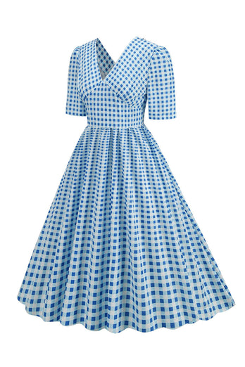 Schwarzes V-Ausschnitt kariertes Kleid mit kurzen Ärmeln aus den 1950er Jahren