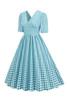 Laden Sie das Bild in den Galerie-Viewer, Schwarzes V-Ausschnitt kariertes Kleid mit kurzen Ärmeln aus den 1950er Jahren