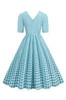 Laden Sie das Bild in den Galerie-Viewer, Schwarzes V-Ausschnitt kariertes Kleid mit kurzen Ärmeln aus den 1950er Jahren