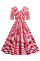 Laden Sie das Bild in den Galerie-Viewer, Schwarzes V-Ausschnitt kariertes Kleid mit kurzen Ärmeln aus den 1950er Jahren