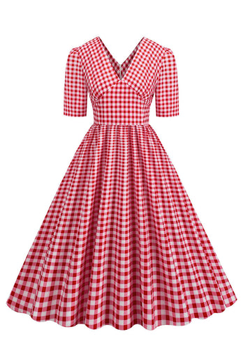 Schwarzes V-Ausschnitt kariertes Kleid mit kurzen Ärmeln aus den 1950er Jahren